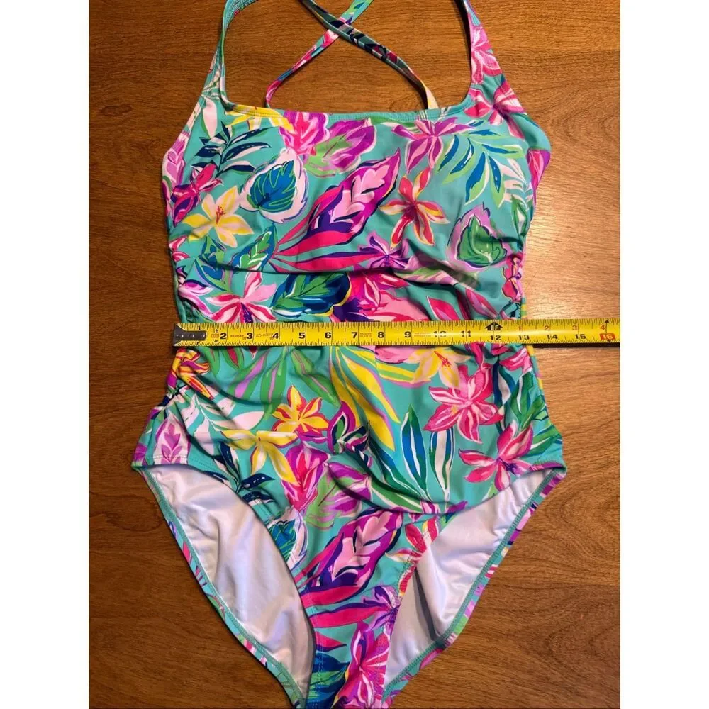 Stella Parker Women's Shirred Island Time One-Piece Swimsuit Green Pink Size XL